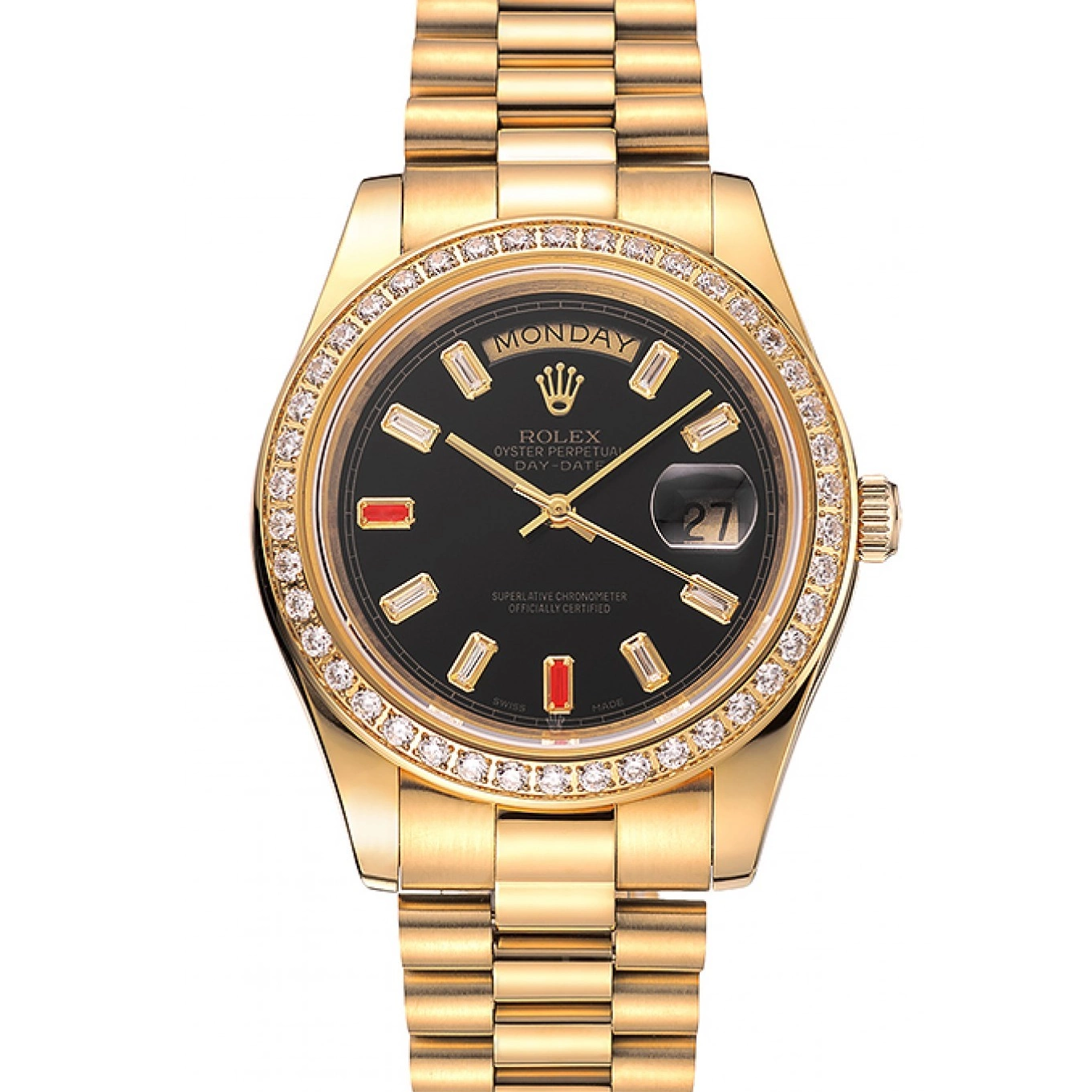 Aaa fake watches Dial Gold Rolex Bracelet Rubies Diamonds Black 1454101 Day-Date And Swiss 0624